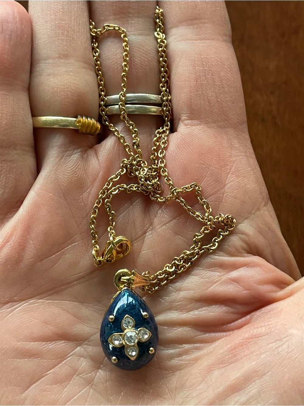Gold Tone Chain Necklace with Blue enamel Faberge egg Pendant w Crystal Flower